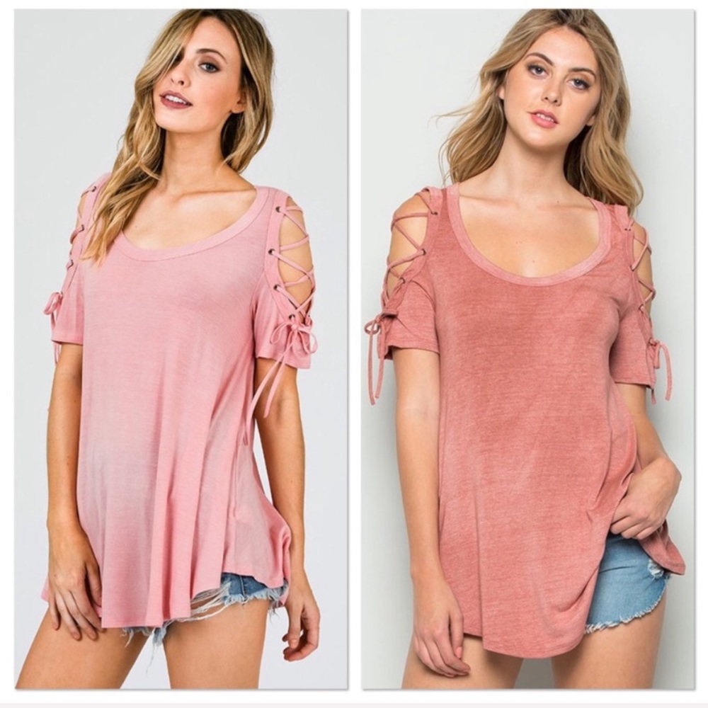 Coral Rose Grommet Lace Up Top - Picture 3 of 7